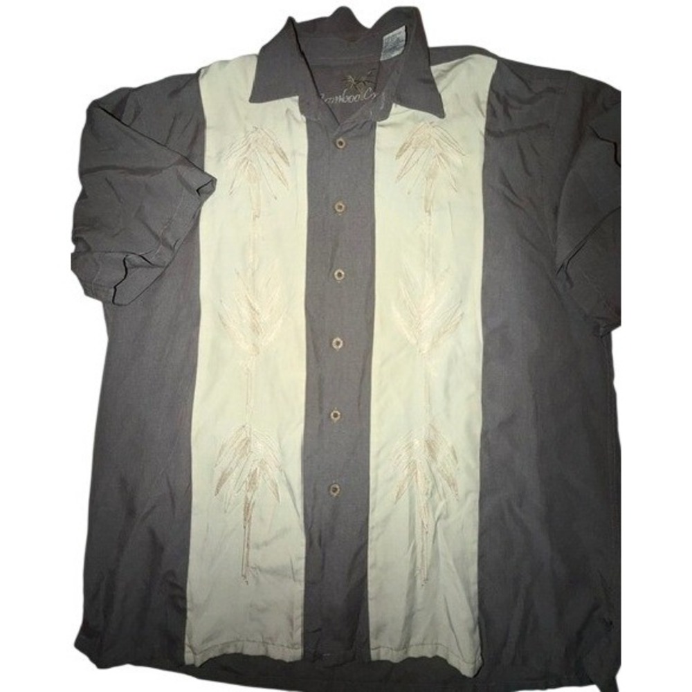 Bamboo Cay Mens Large Embroidered Bamboo Camp Shirt Grey Short Sleeve Button Up